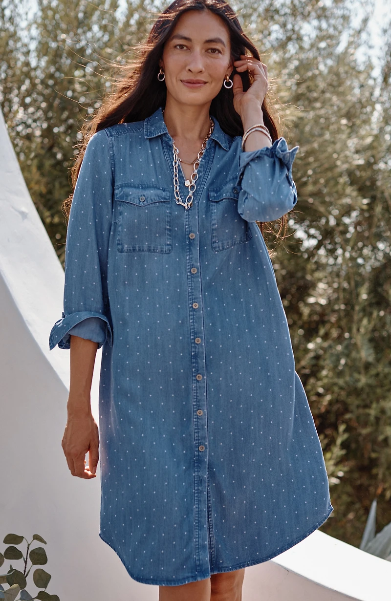 indigo polka-dot shirtdress