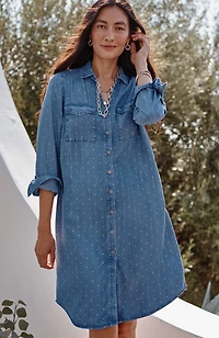 indigo polka-dot shirtdress