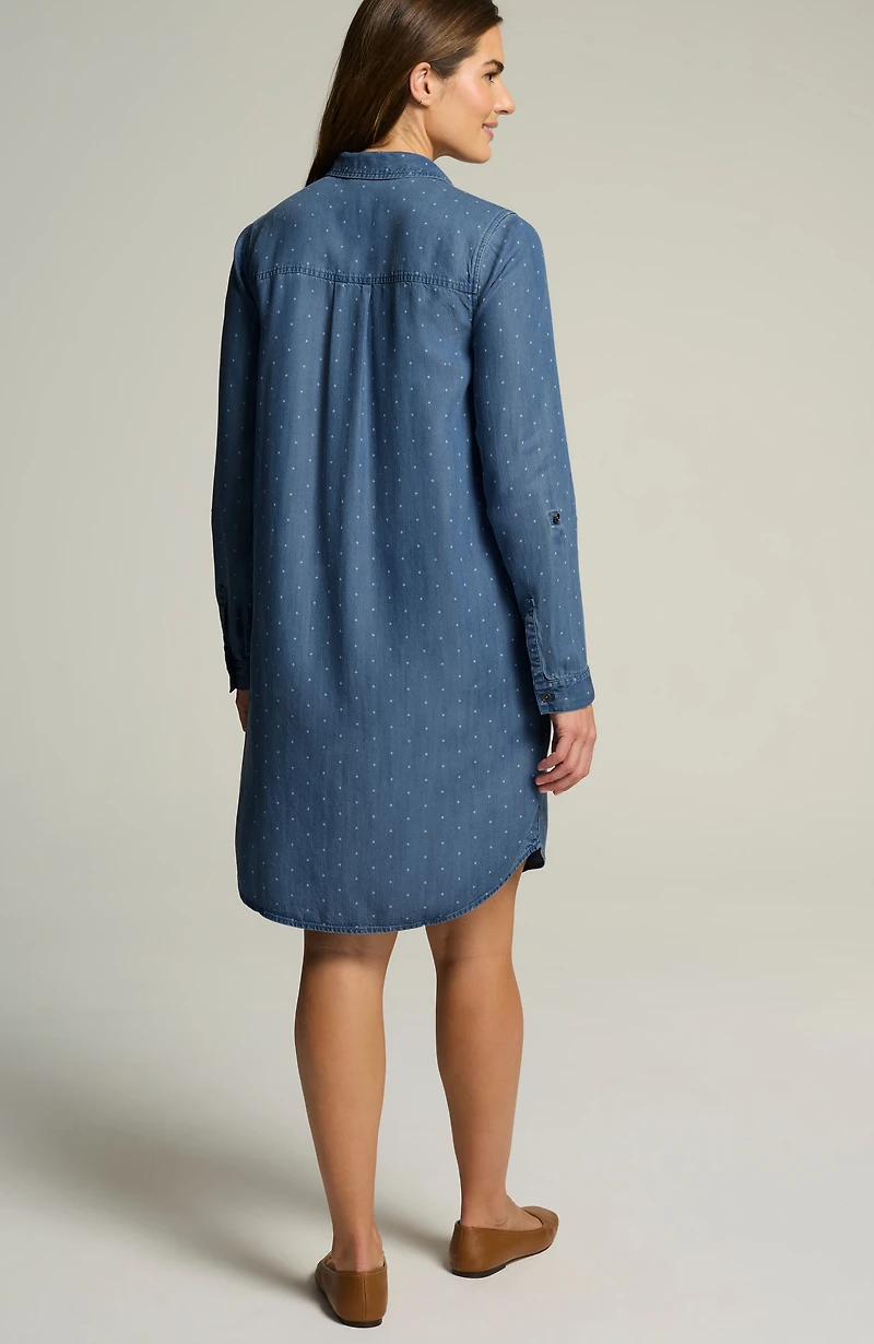 indigo polka-dot shirtdress