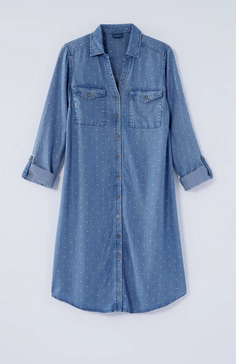 indigo polka-dot shirtdress