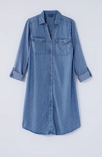 indigo polka-dot shirtdress