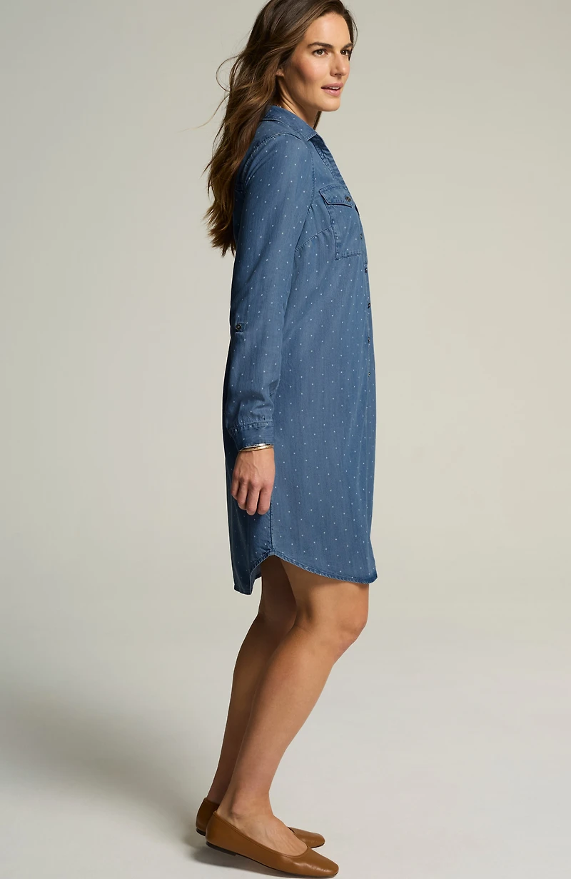 indigo polka-dot shirtdress