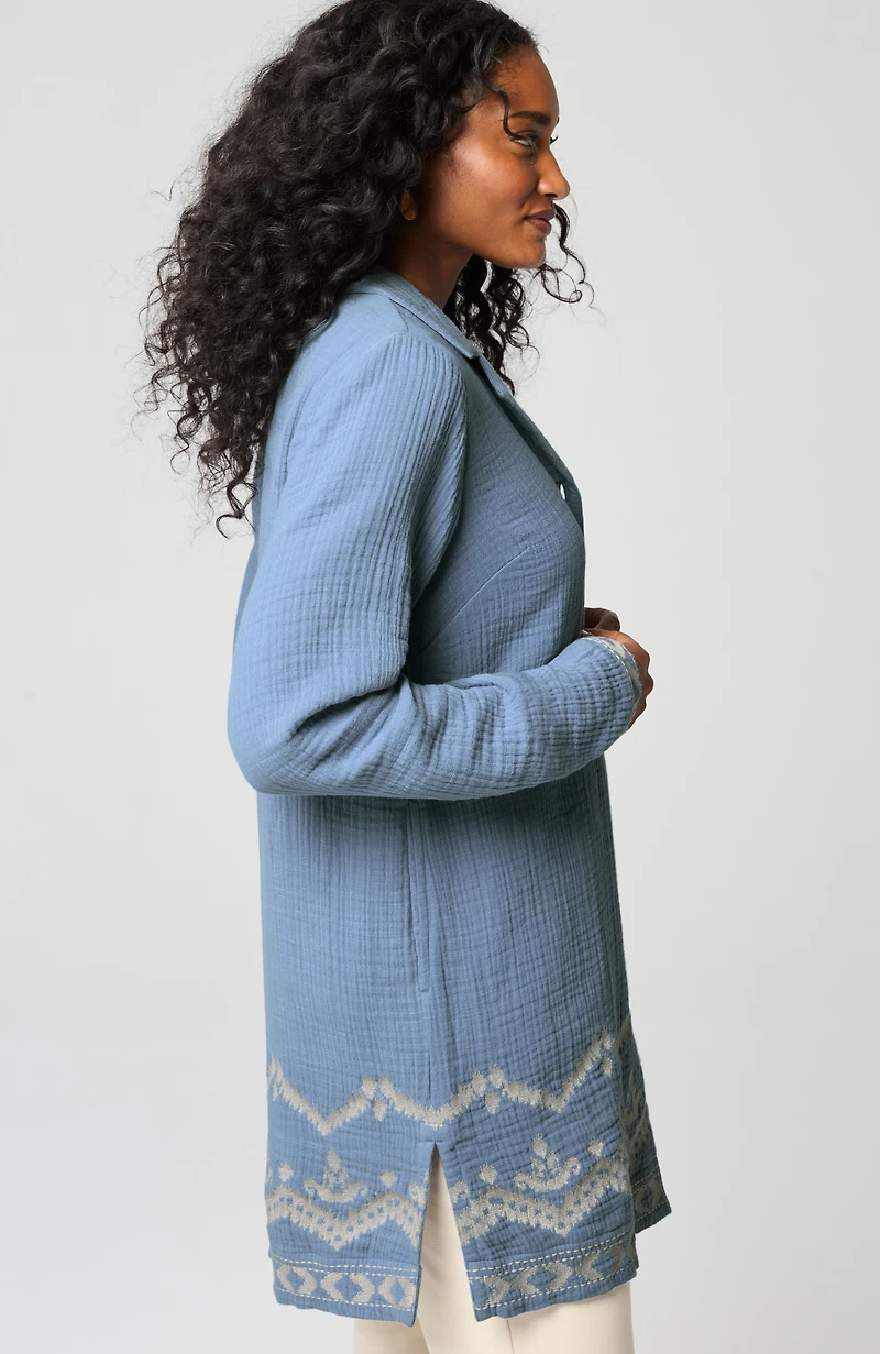 pure jill cotton-gauze embroidered duster jacket