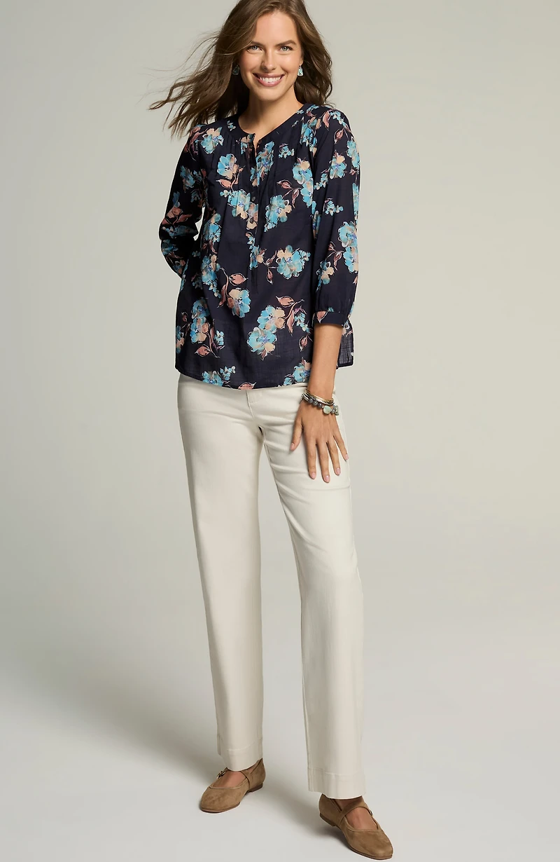 printed cotton pintucked top