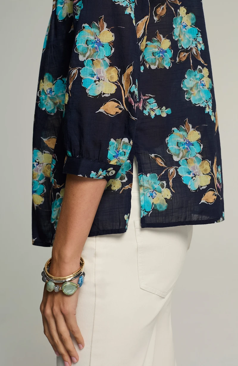 printed cotton pintucked top
