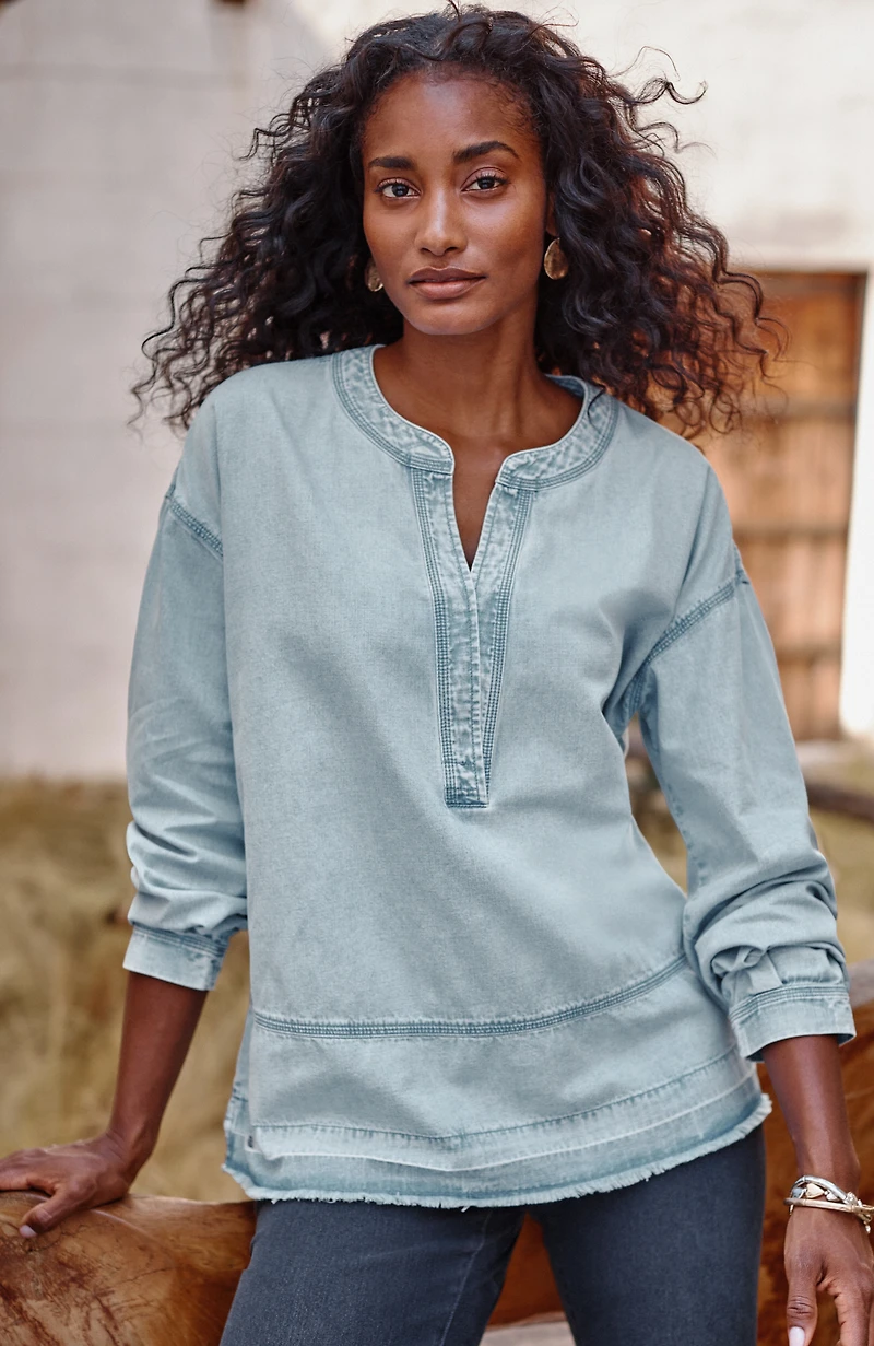 pure jill indigo split-neck top