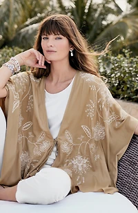 embroidered tie-front ruana