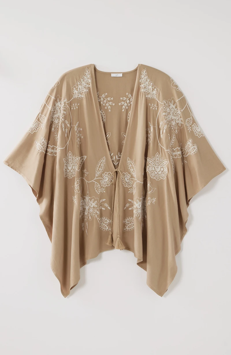 embroidered tie-front ruana
