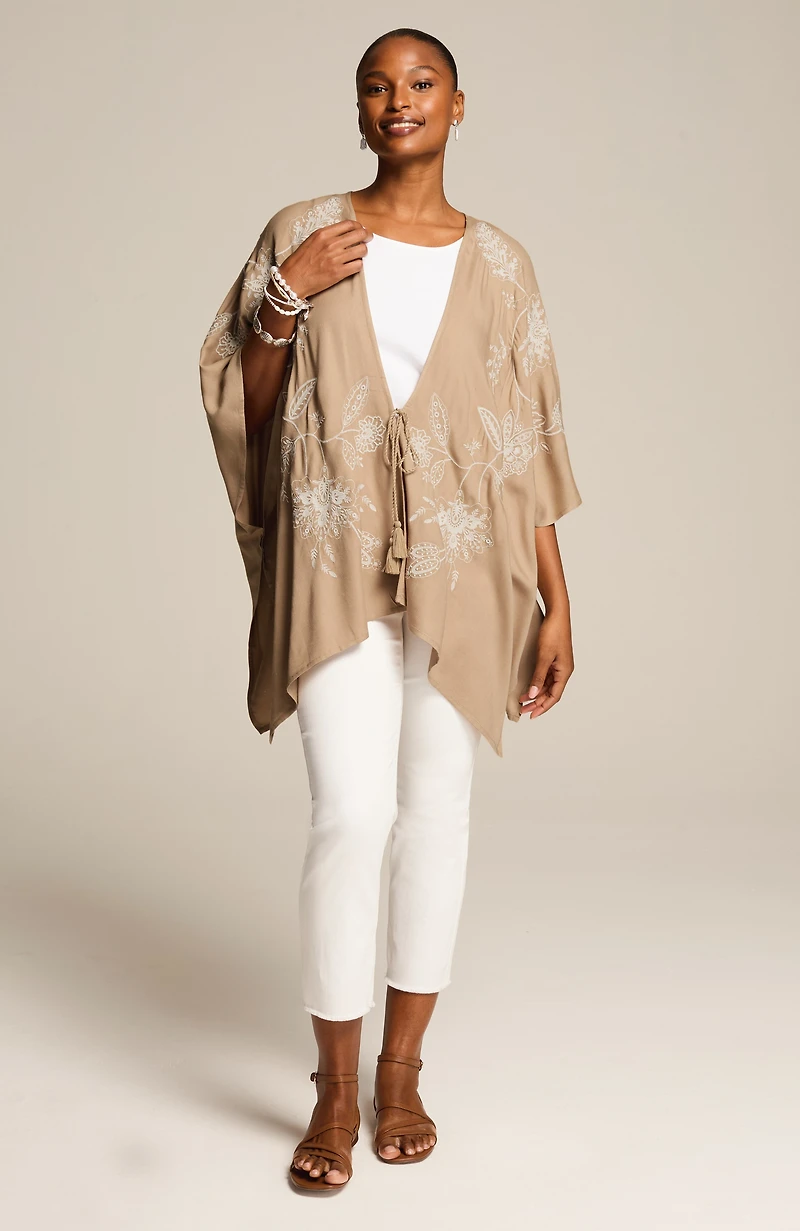 embroidered tie-front ruana