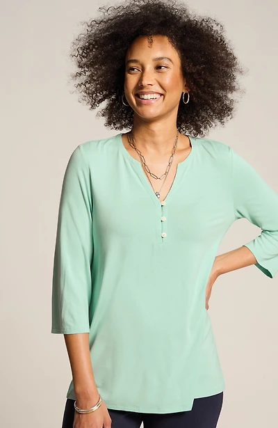 wearever buttoned split-neck top