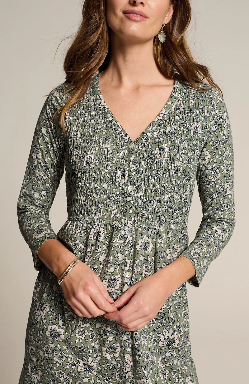 smocked button-front dress