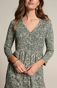 smocked button-front dress