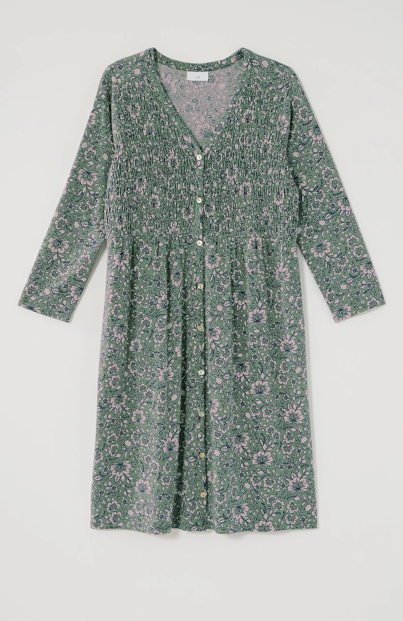 smocked button-front dress