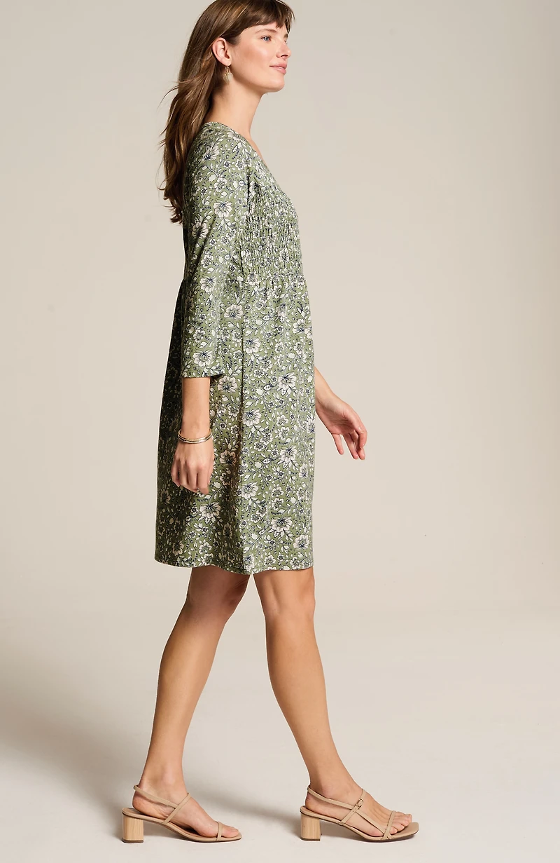 smocked button-front dress