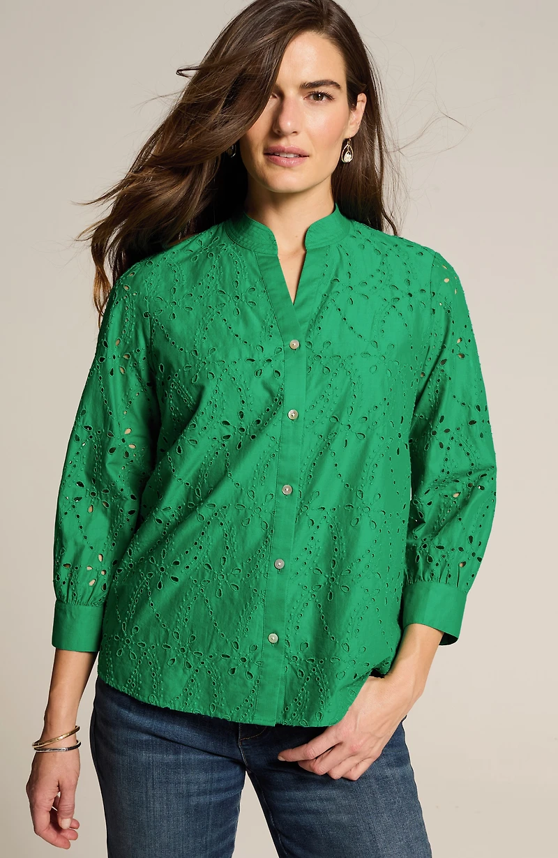 eyelet button-front top