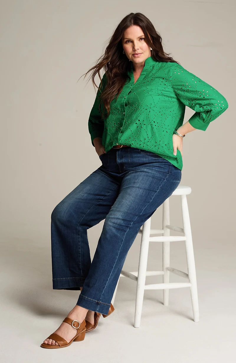 eyelet button-front top