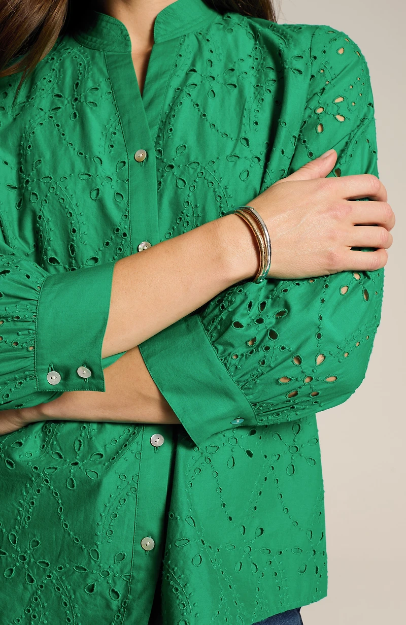 eyelet button-front top
