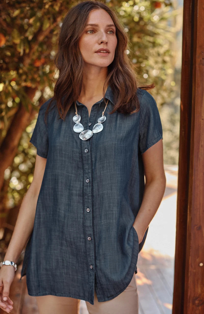 indigo button-front tunic