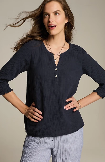 cotton-gauze smocked-sleeve top