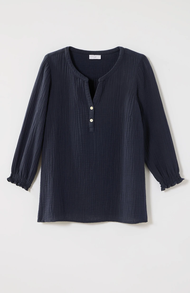 cotton-gauze smocked-sleeve top
