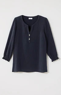 cotton-gauze smocked-sleeve top