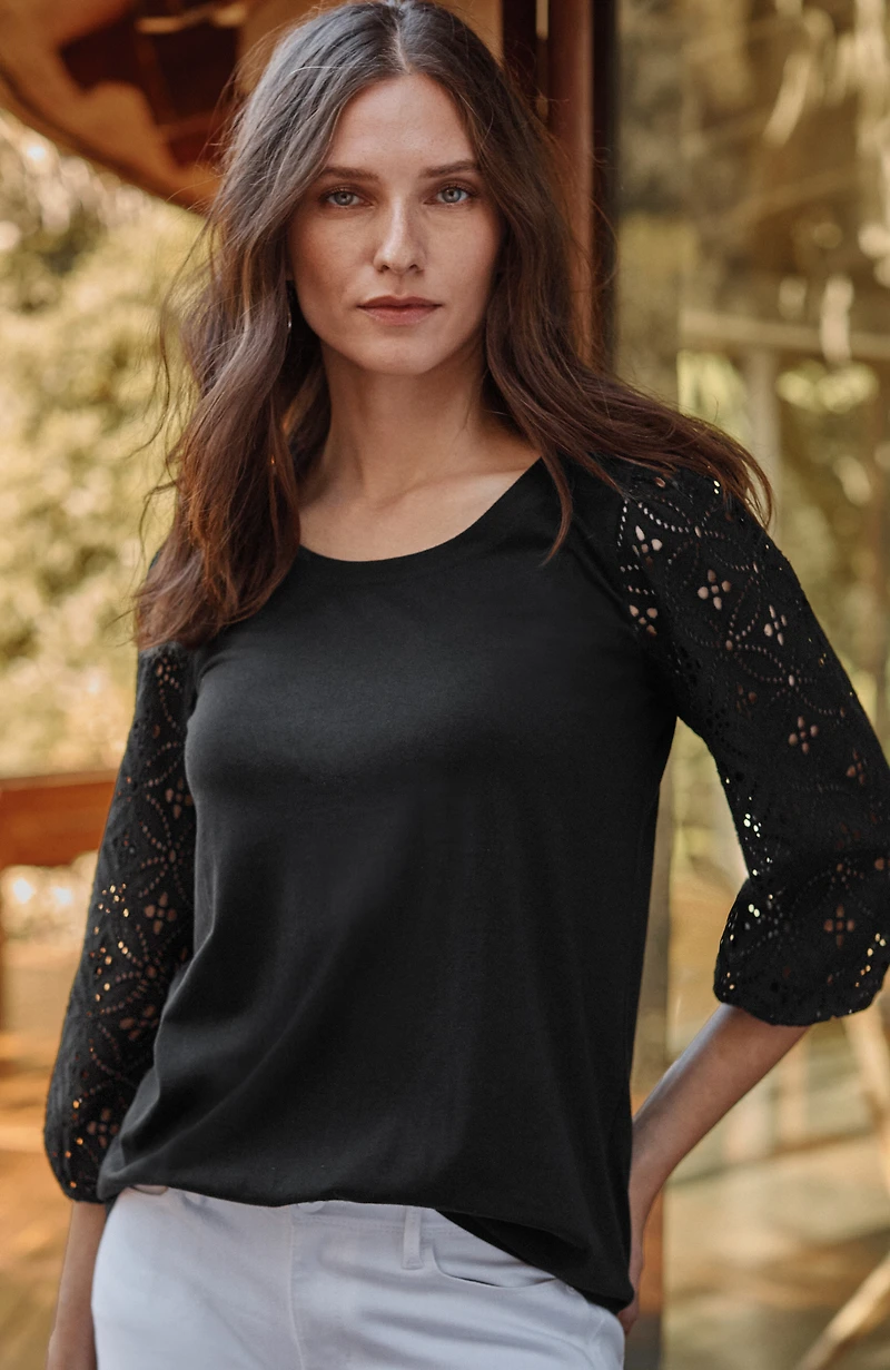 mixed-media eyelet-sleeves top