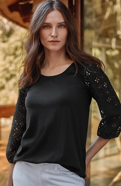 mixed-media eyelet-sleeves top