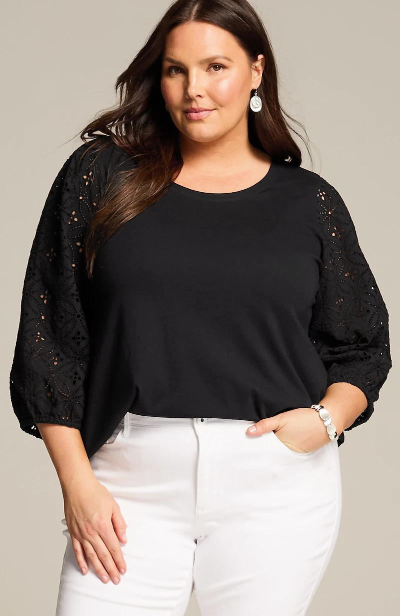 mixed-media eyelet-sleeves top