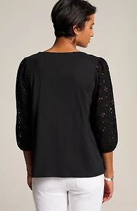 mixed-media eyelet-sleeves top