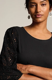 mixed-media eyelet-sleeves top