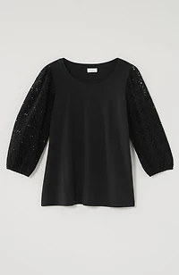 mixed-media eyelet-sleeves top