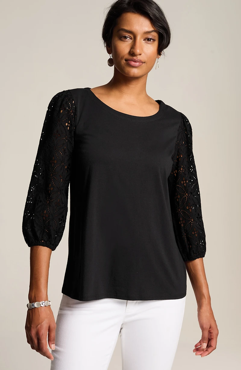 mixed-media eyelet-sleeves top
