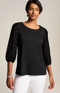 mixed-media eyelet-sleeves top