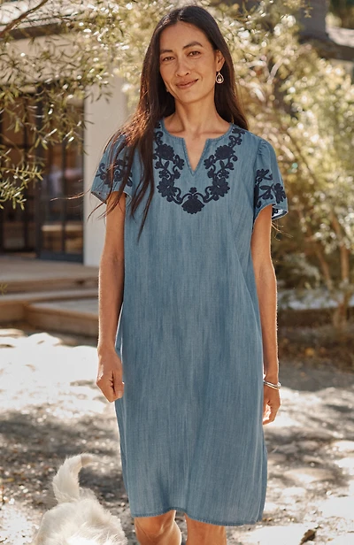 embroidered indigo flutter-sleeve dress