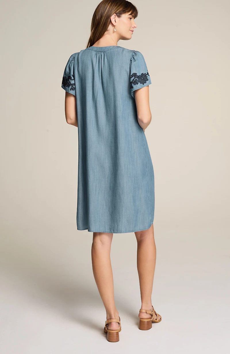 embroidered indigo flutter-sleeve dress