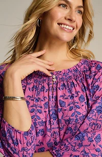 smocked floral-print top