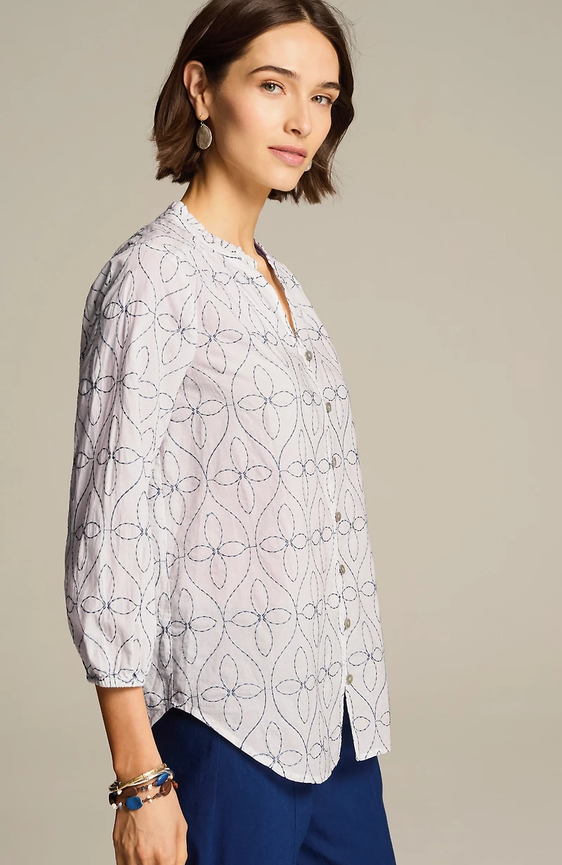 contrast-embroidered peasant top