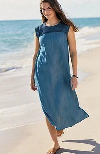 embroidered indigo midi dress