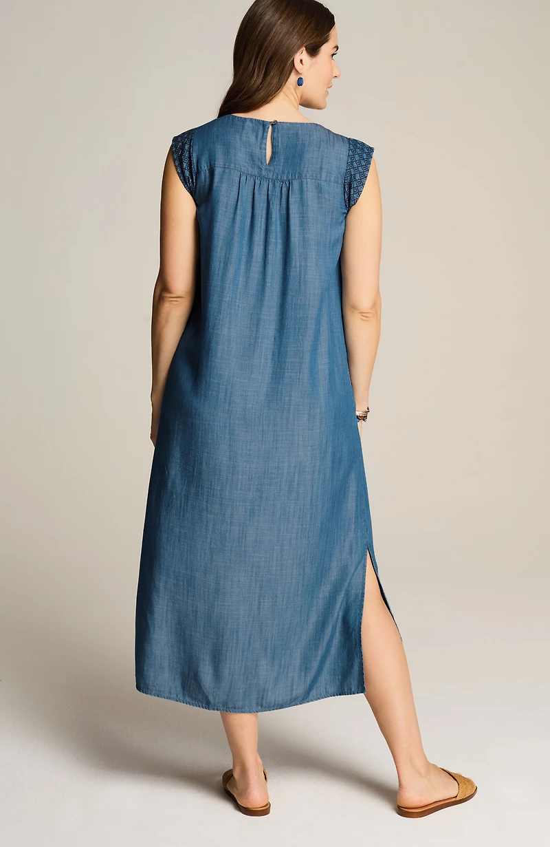 embroidered indigo midi dress