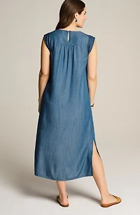 embroidered indigo midi dress