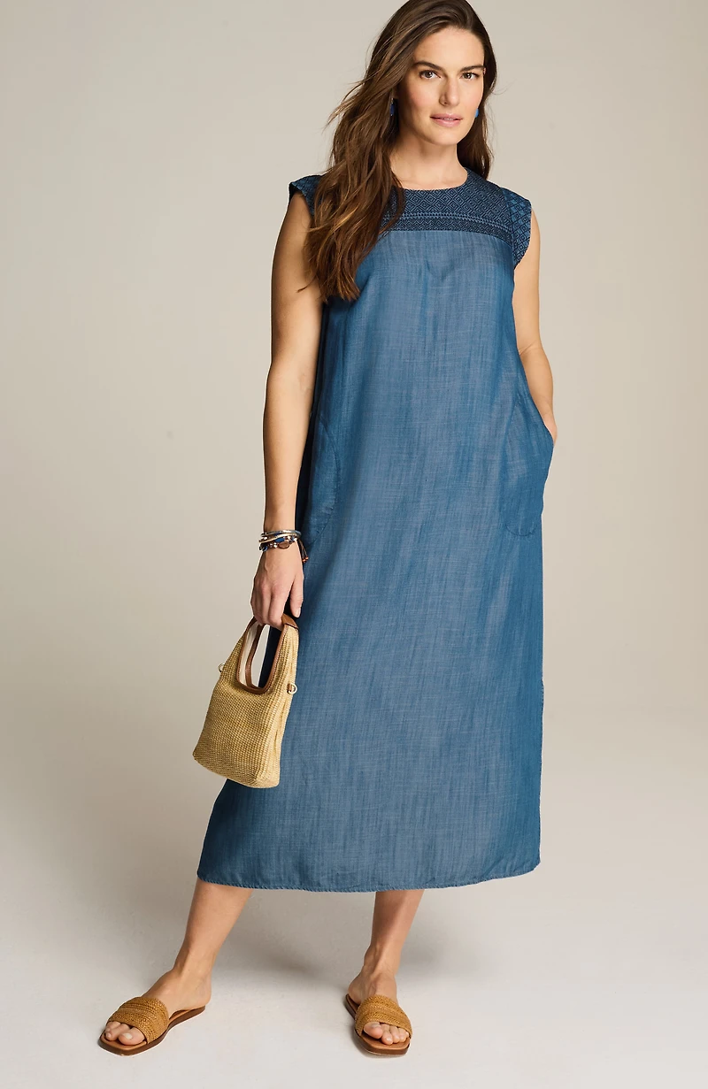 embroidered indigo midi dress