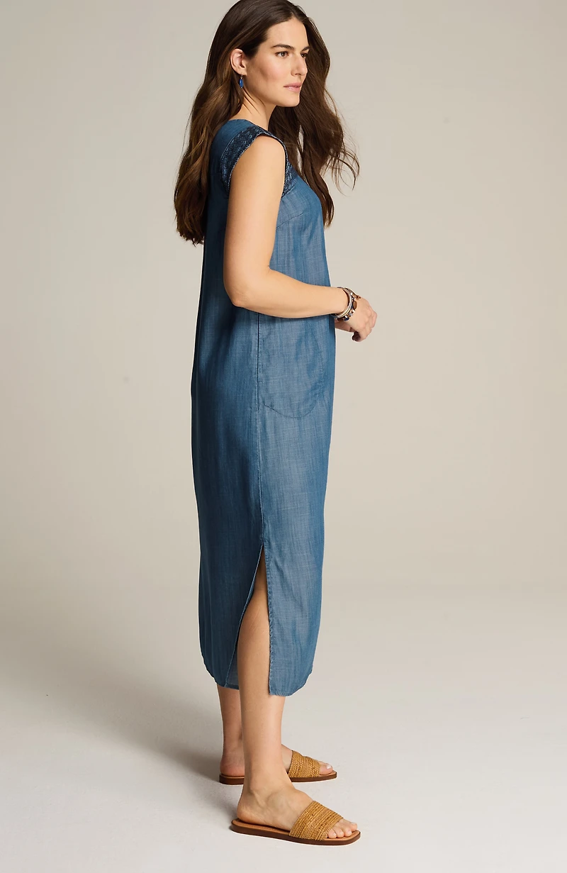 embroidered indigo midi dress
