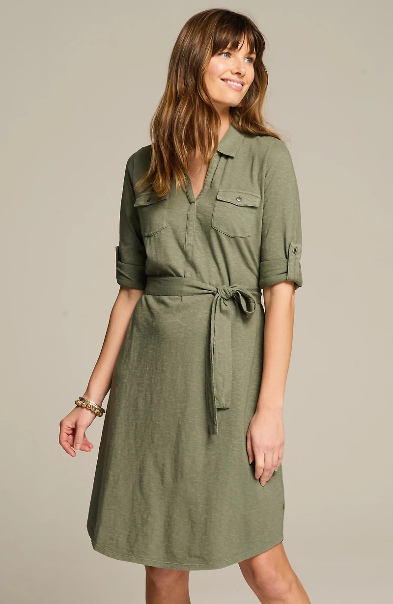 garment-dyed split-neck shirtdress