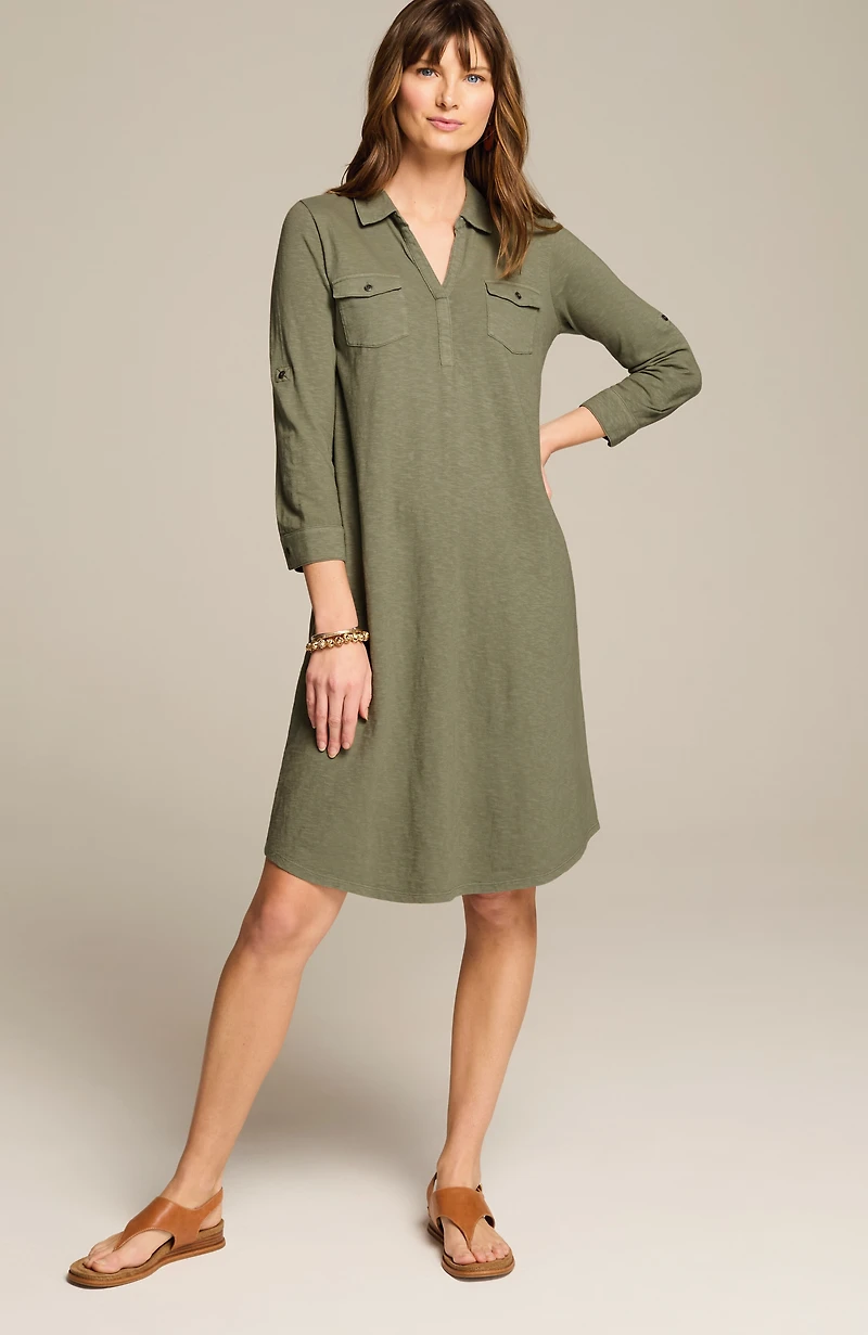 garment-dyed split-neck shirtdress