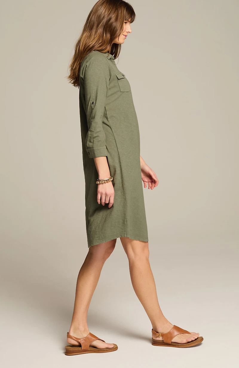 garment-dyed split-neck shirtdress