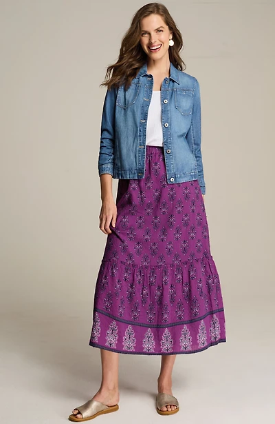 printed tiered midi skirt