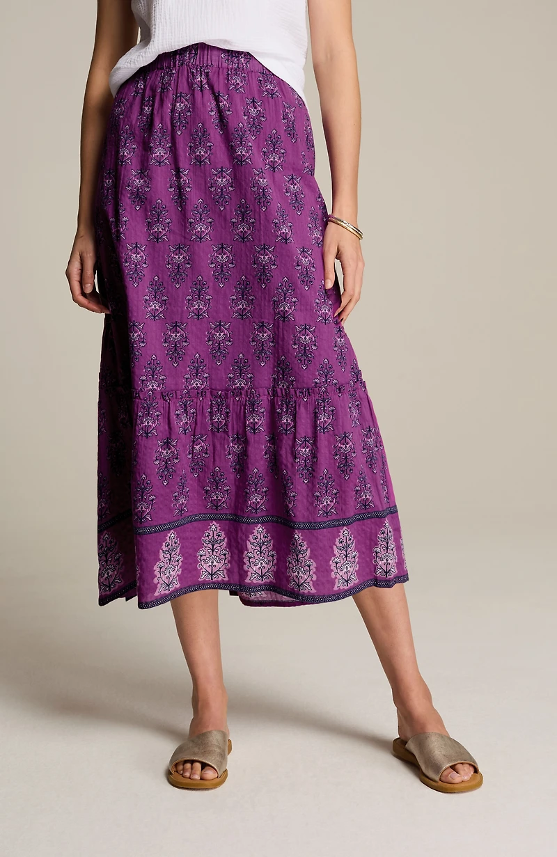 printed tiered midi skirt