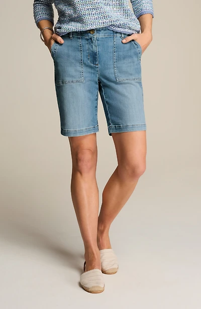 denim patch-pocket shorts