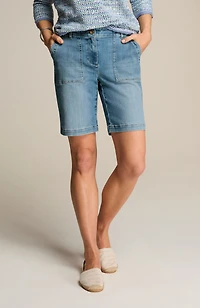 denim patch-pocket shorts