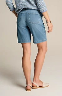 denim patch-pocket shorts